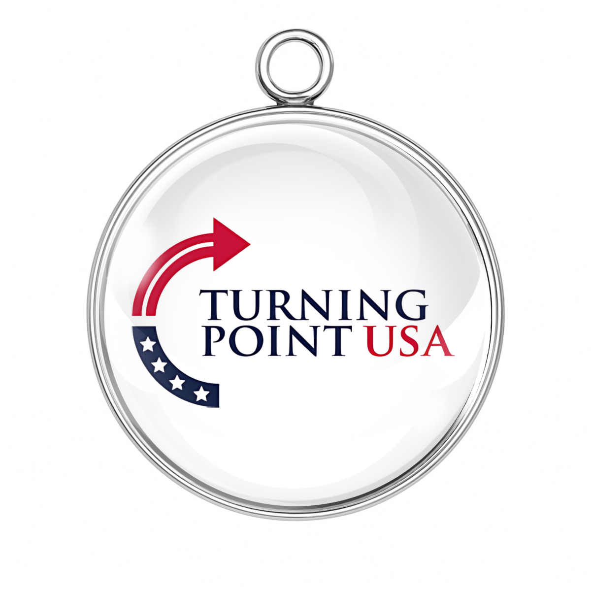 Round charm with Turning Point USA logo in red, white, and blue.