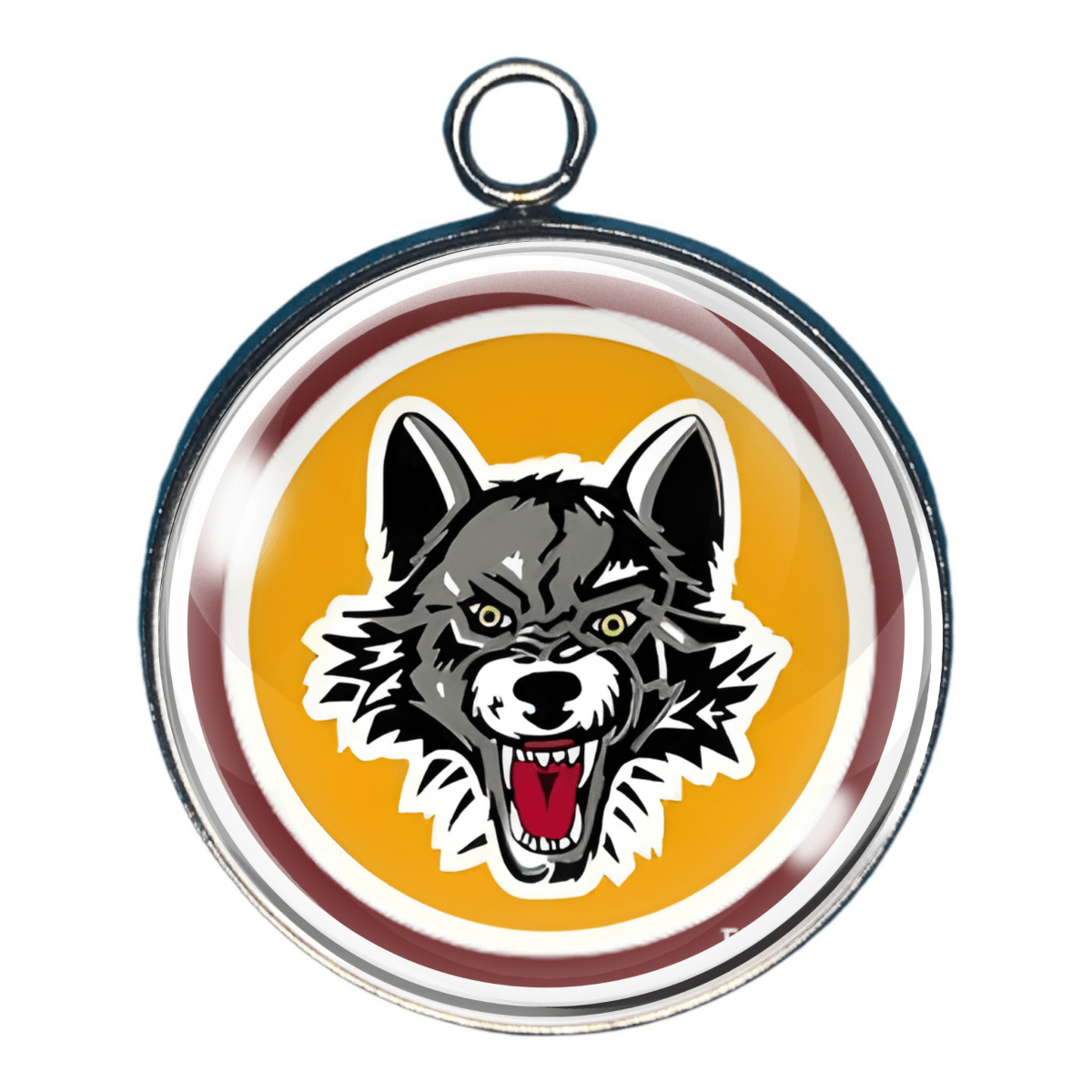 Charm with gray wolf head and gold  and maroon background.