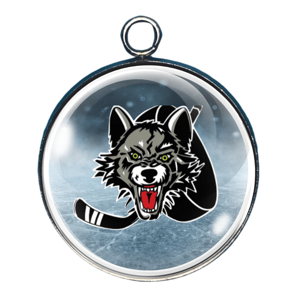 Charm of wolf head and hockey puck and stick on an ice background.