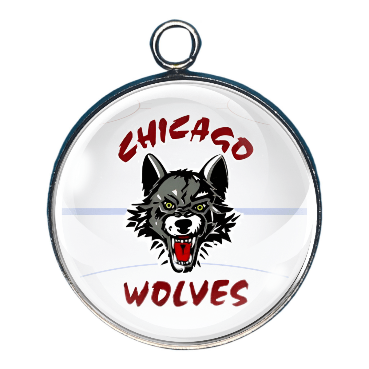 Charm of a wolf head with red team name on a ice rink background.