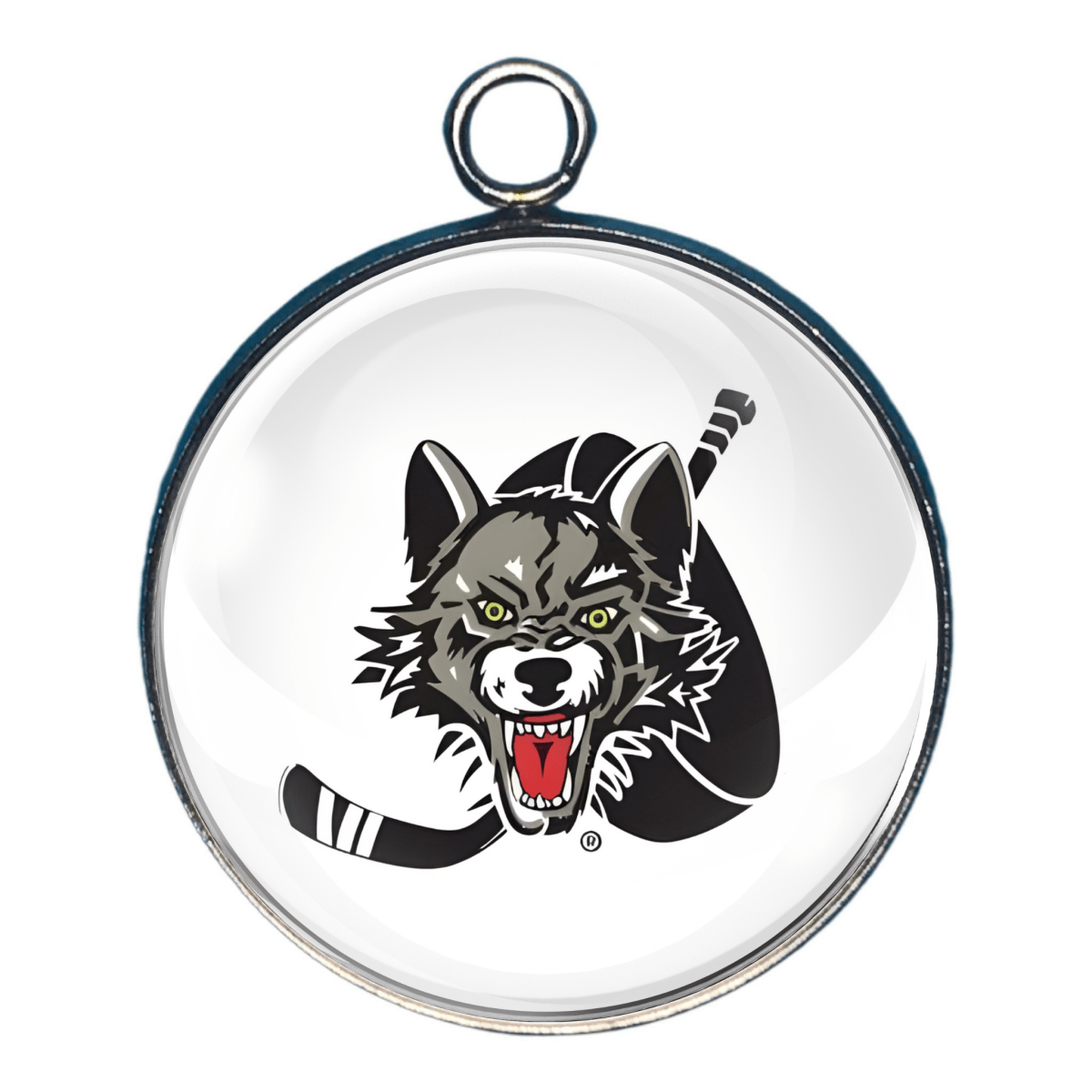 Charm of a wolf head, Hockey puck and stick.