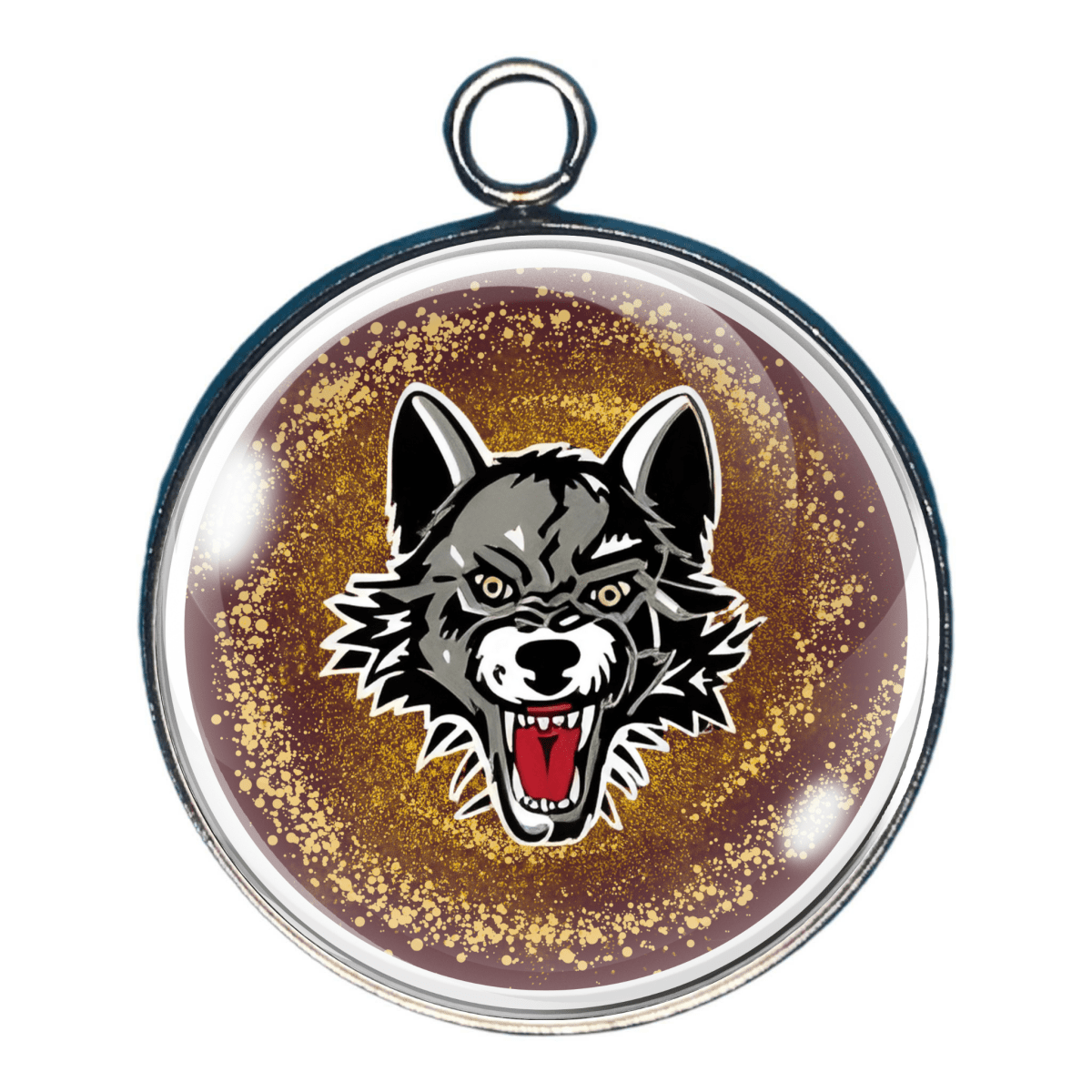 Charm with gold glitter background and wolf head.