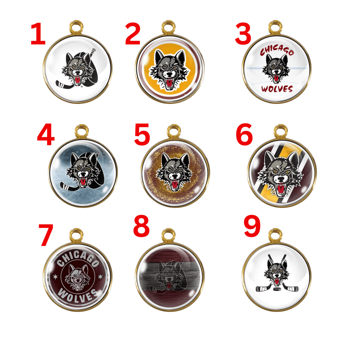 Set of 9 Chicago Wolves hockey charms featuring various wolf logo designs and team colors.