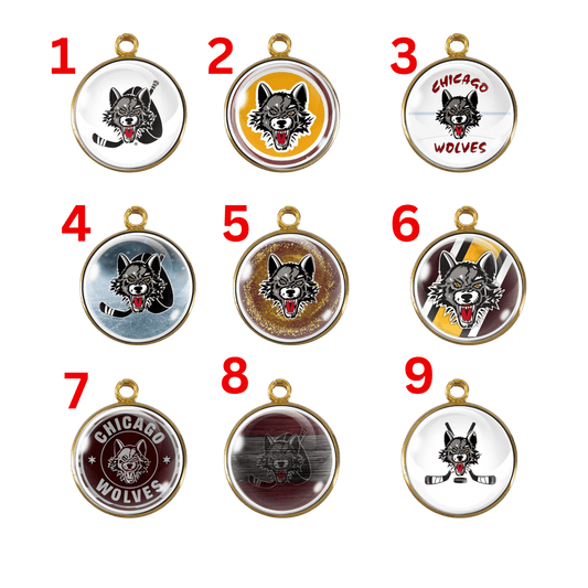 Set of 9 Chicago Wolves hockey charms featuring various wolf logo designs and team colors.