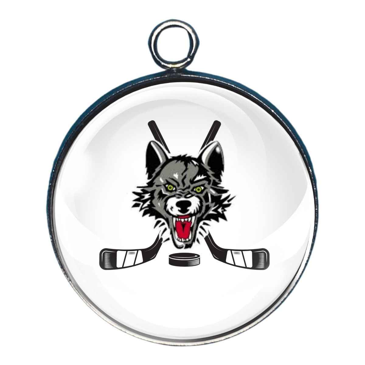 Charm with wolf head and crossed hockey sticks and a puck.
