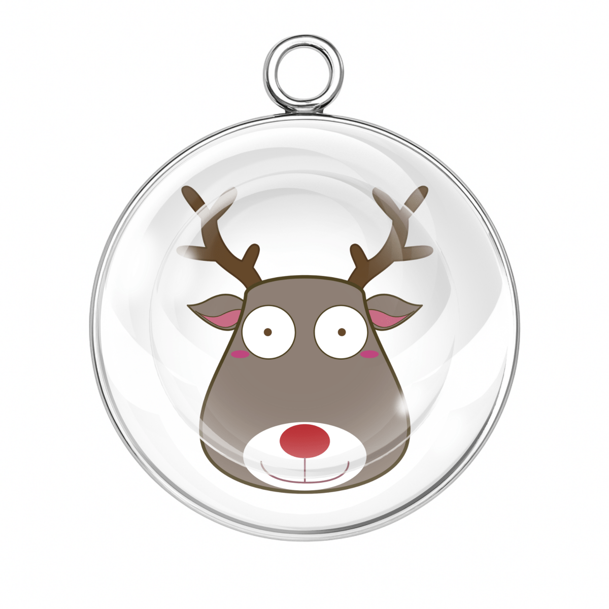 Cute cartoon reindeer glass cabochon charm with big eyes and red nose in silver base
