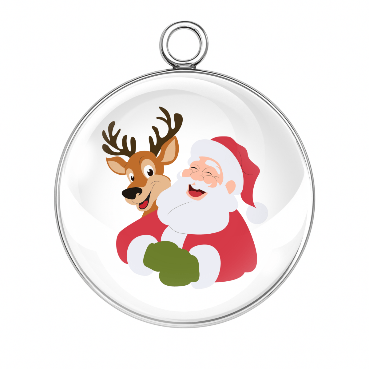 Circular pendant with Santa Claus and reindeer design on a white background