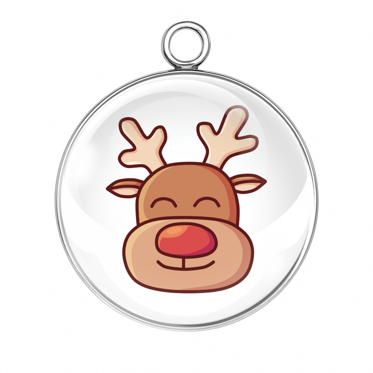 Round transparent pendant with a cartoon reindeer face on a white background