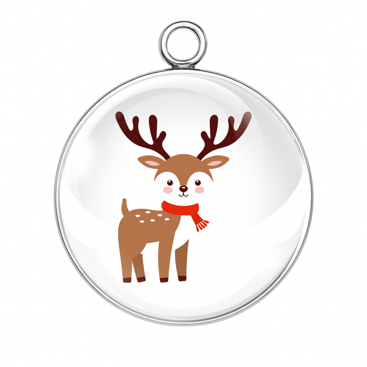 Round transparent pendant with a reindeer design wearing a red scarf on a white background