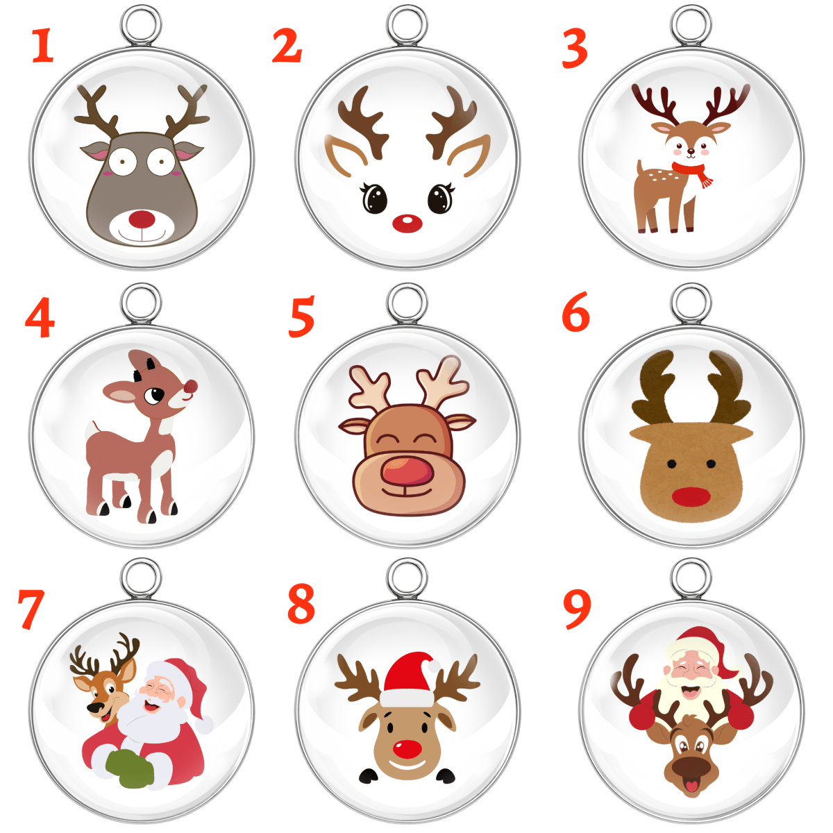 Set of 9 Christmas Reindeer glass cabochon charms with Tibetan silver bases featuring Santa and reindeer holiday designs, 18mm round handmade pendants