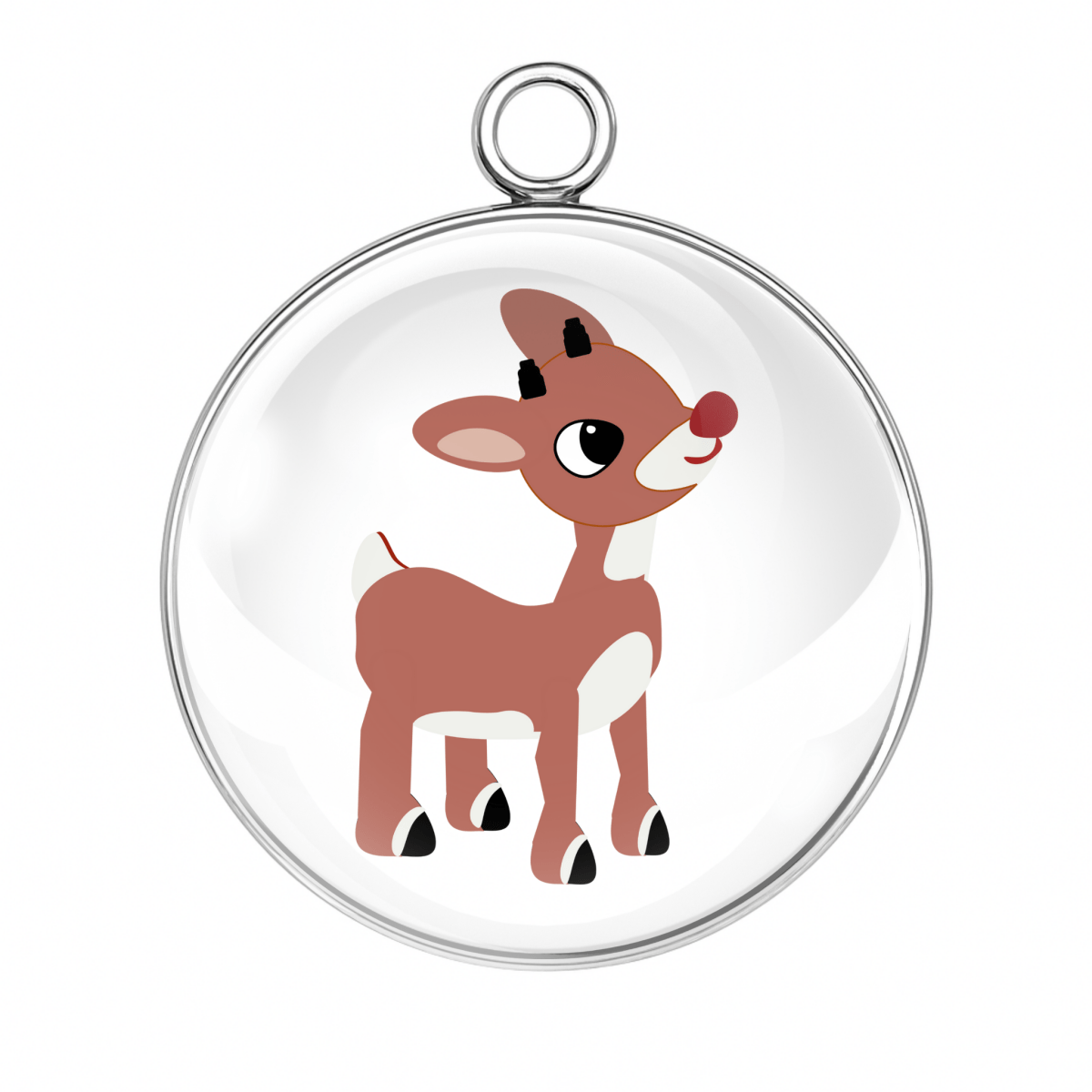 Circular pendant with a cartoon reindeer design on a white background