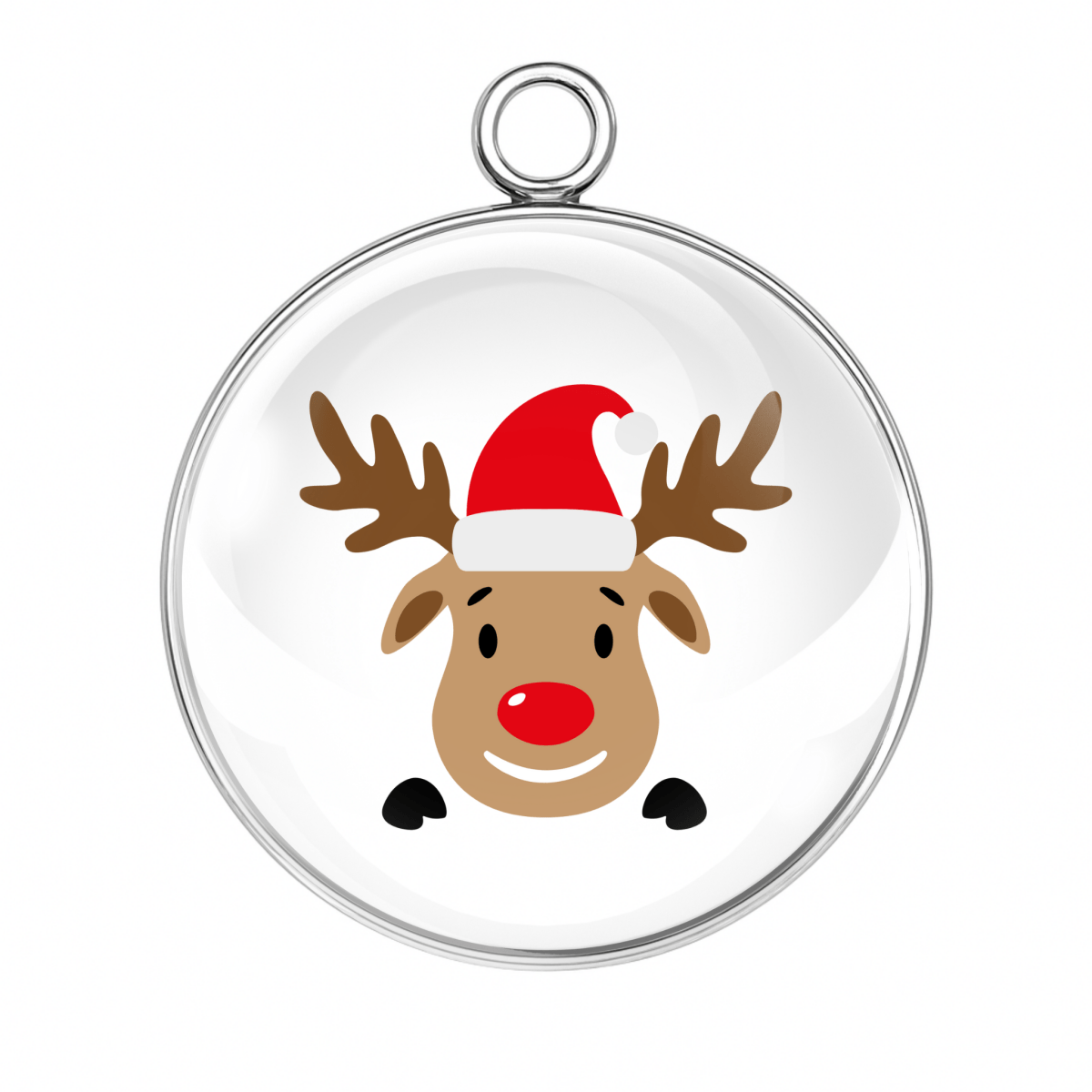 Circular pendant with a reindeer face wearing a Santa hat on a white background