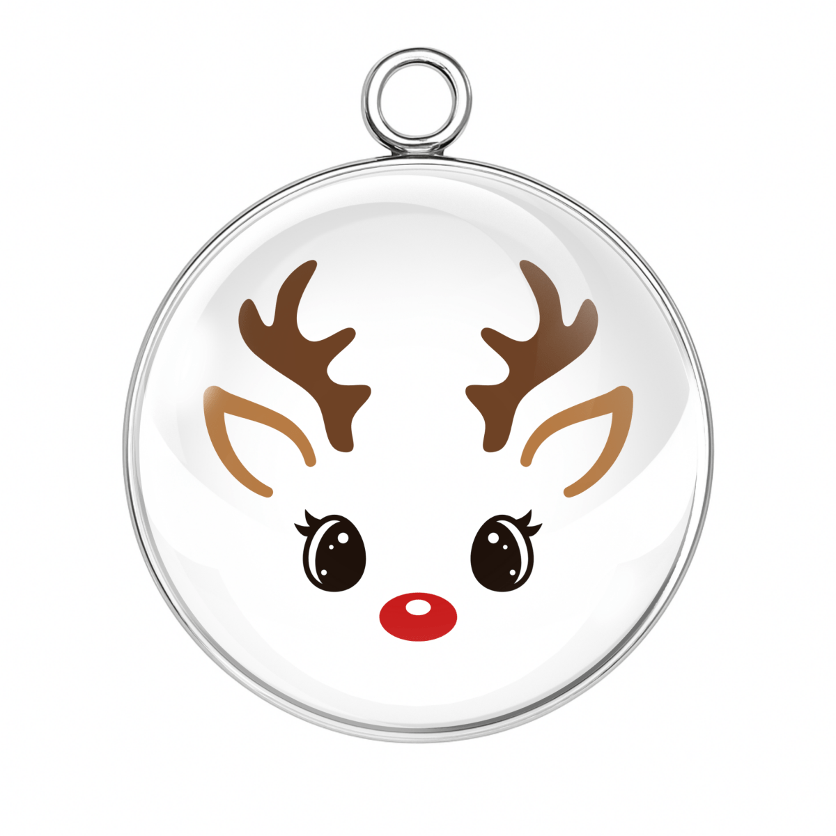 Adorable doe-eyed reindeer glass charm with long lashes and red nose