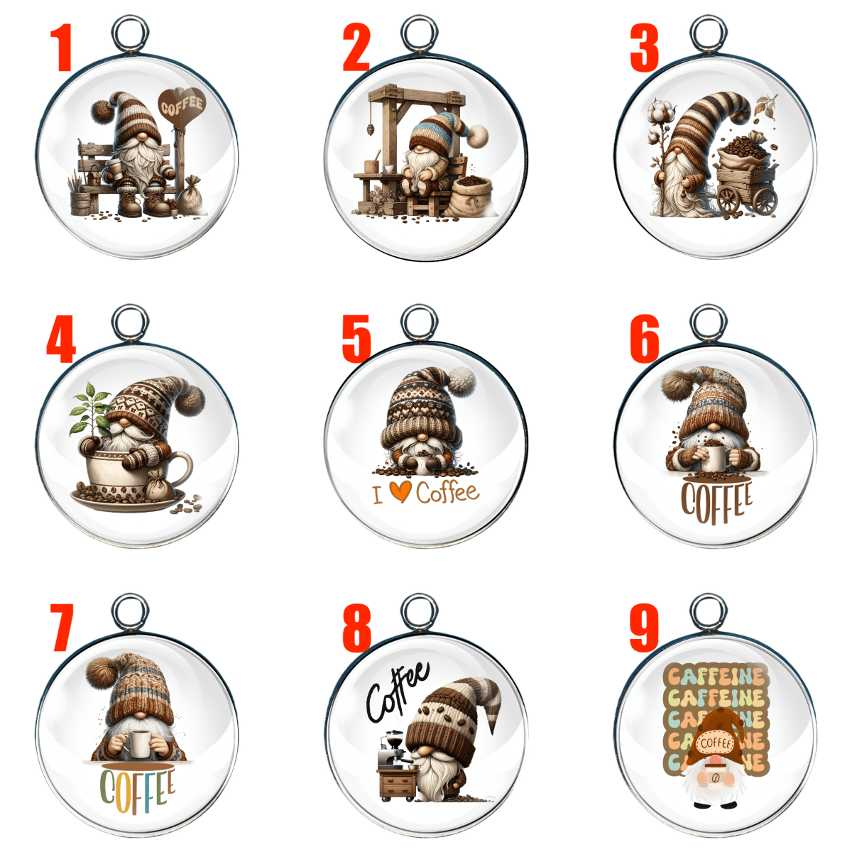 9 gnomes with coffee glass cabochon charms