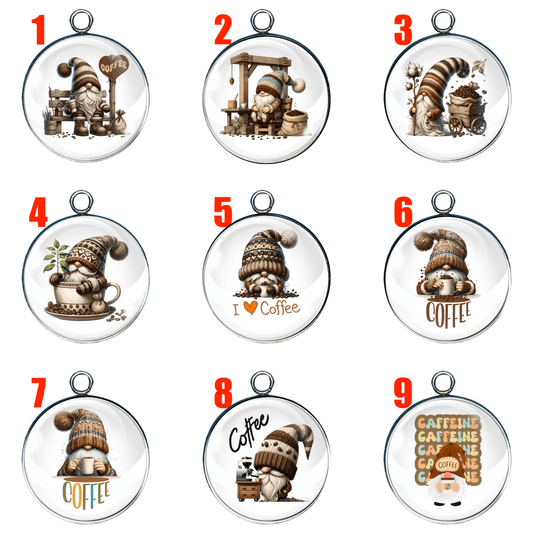 9 gnomes with coffee glass cabochon charms