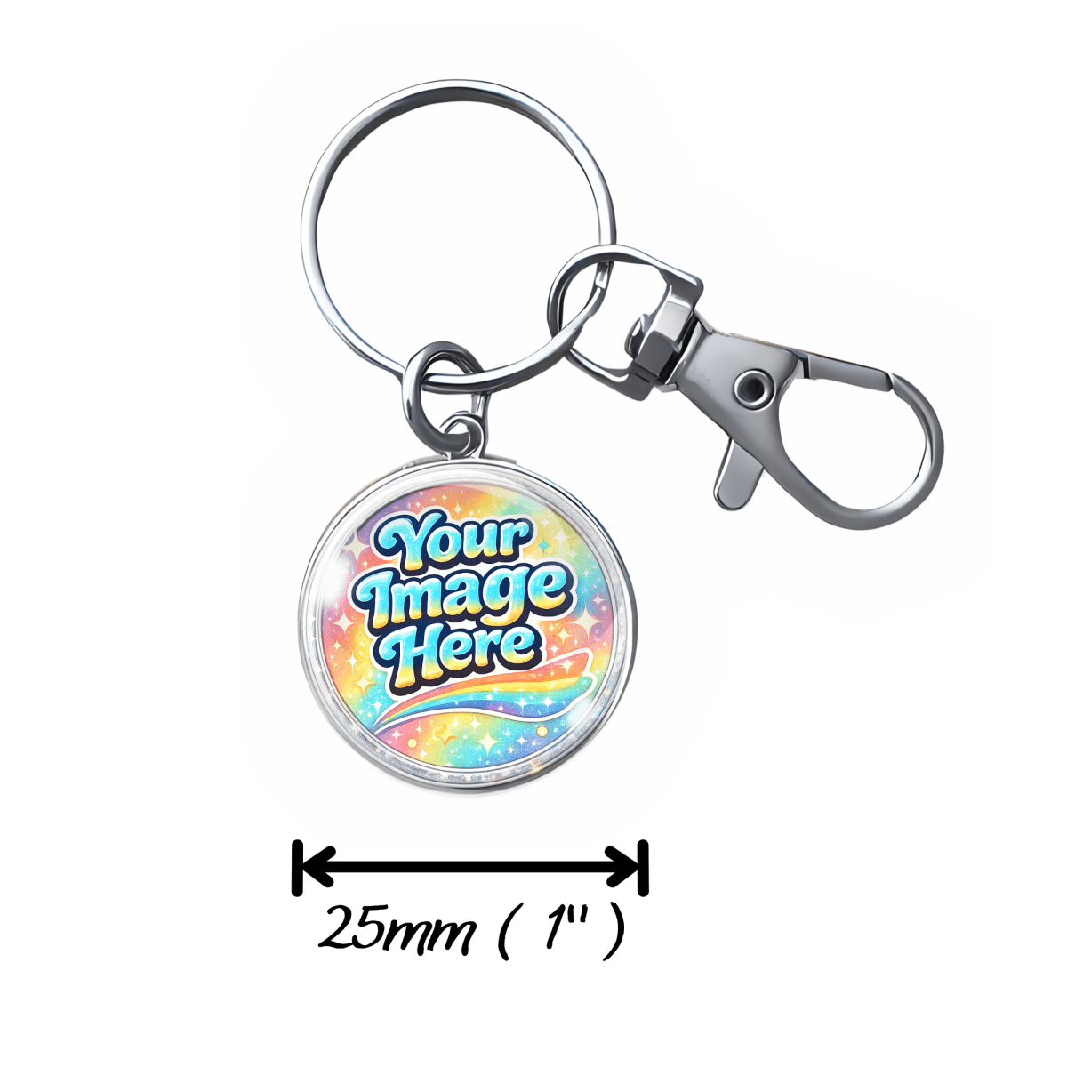Personalized keychain with customizable image area on a white background