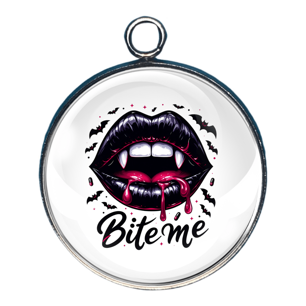 Vampire Lips Charm – Glossy vampire lips with sharp fangs and dripping blood, with the phrase “Bite Me.”