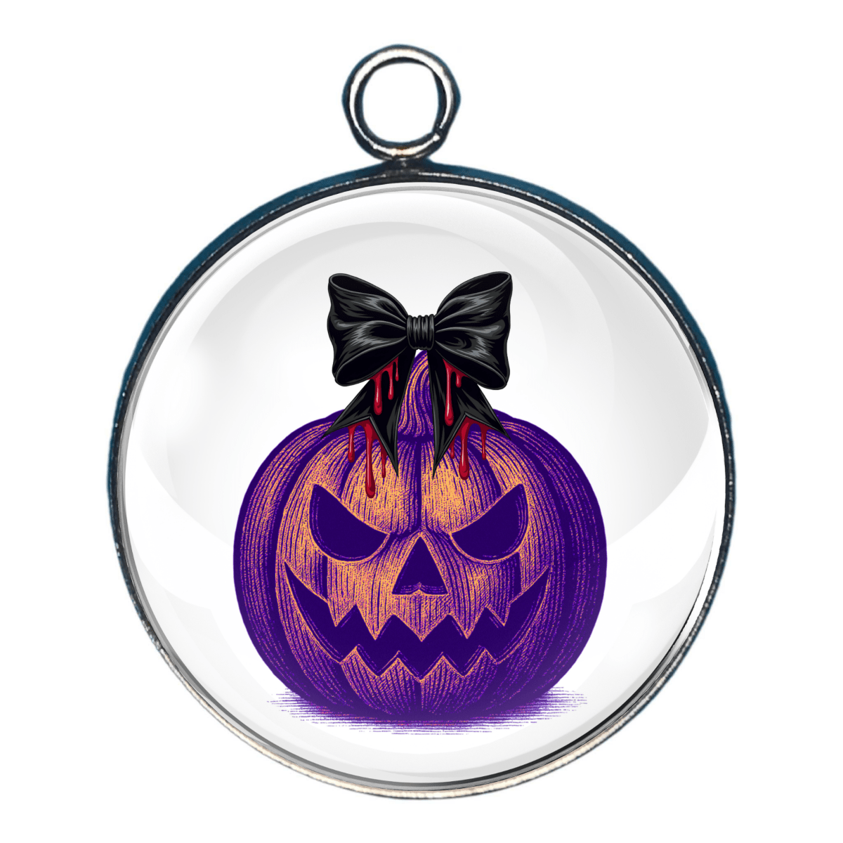 Jack-o'-Lantern Charm – A purple pumpkin with a carved face and a black bow on top, giving a cute yet eerie Halloween vibe.