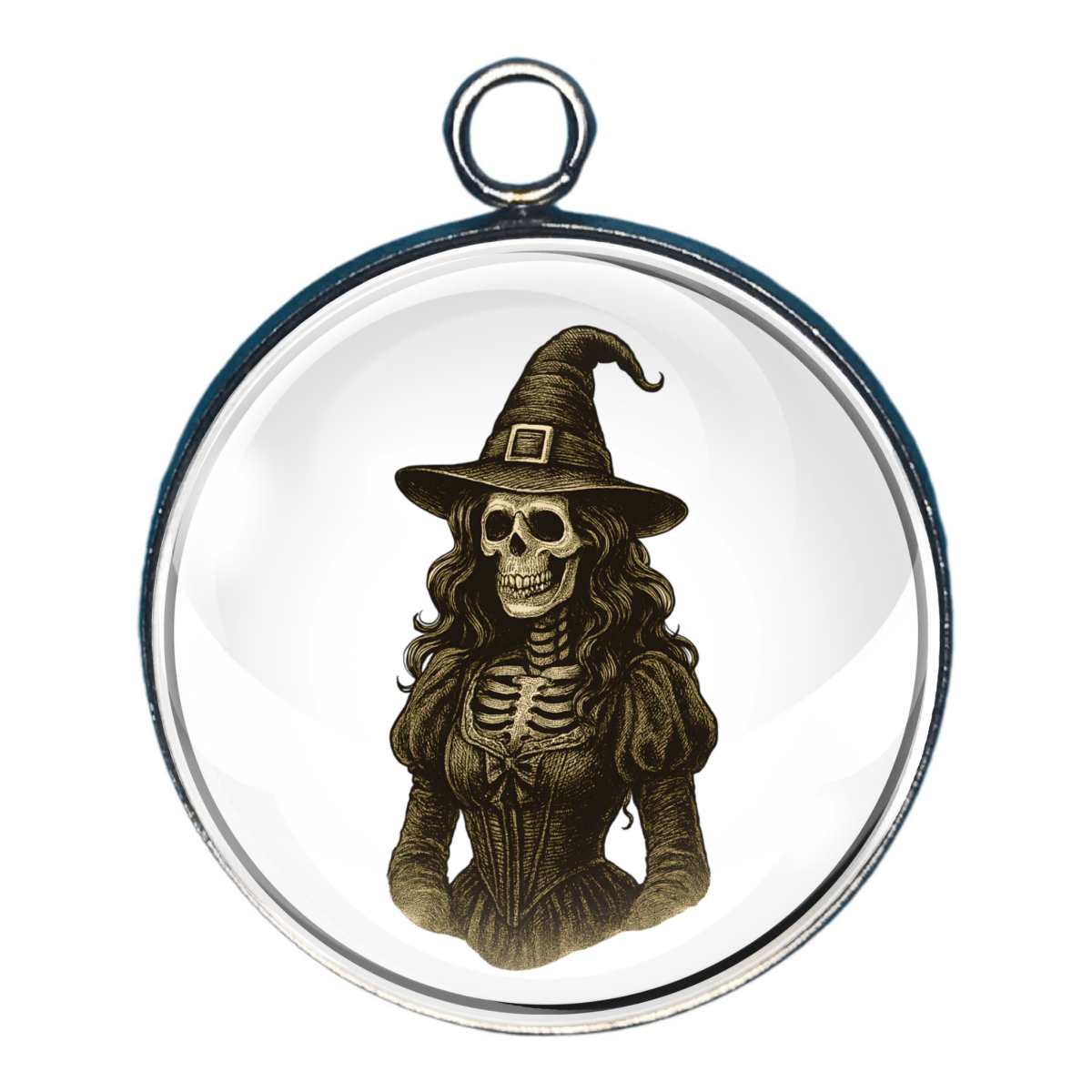 Skeleton Witch Charm – A witch wearing a pointy hat, shown as a skeleton with eerie charm.