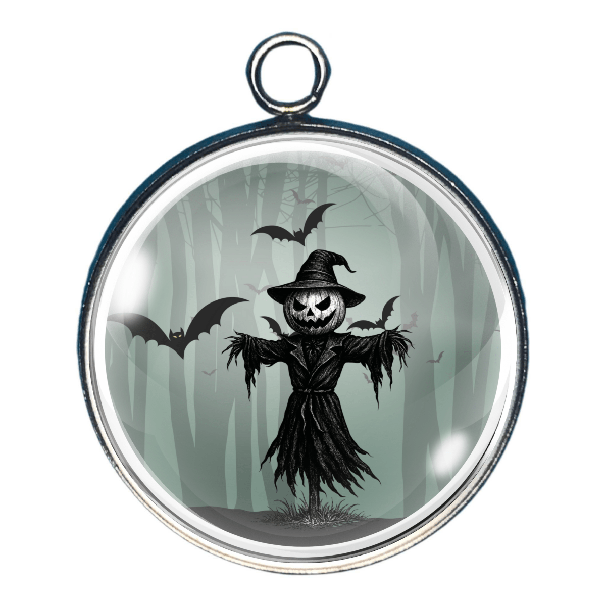 Bat Scarecrow Charm – A scarecrow with outstretched arms and bats flying around, silhouetted in spooky black tones.