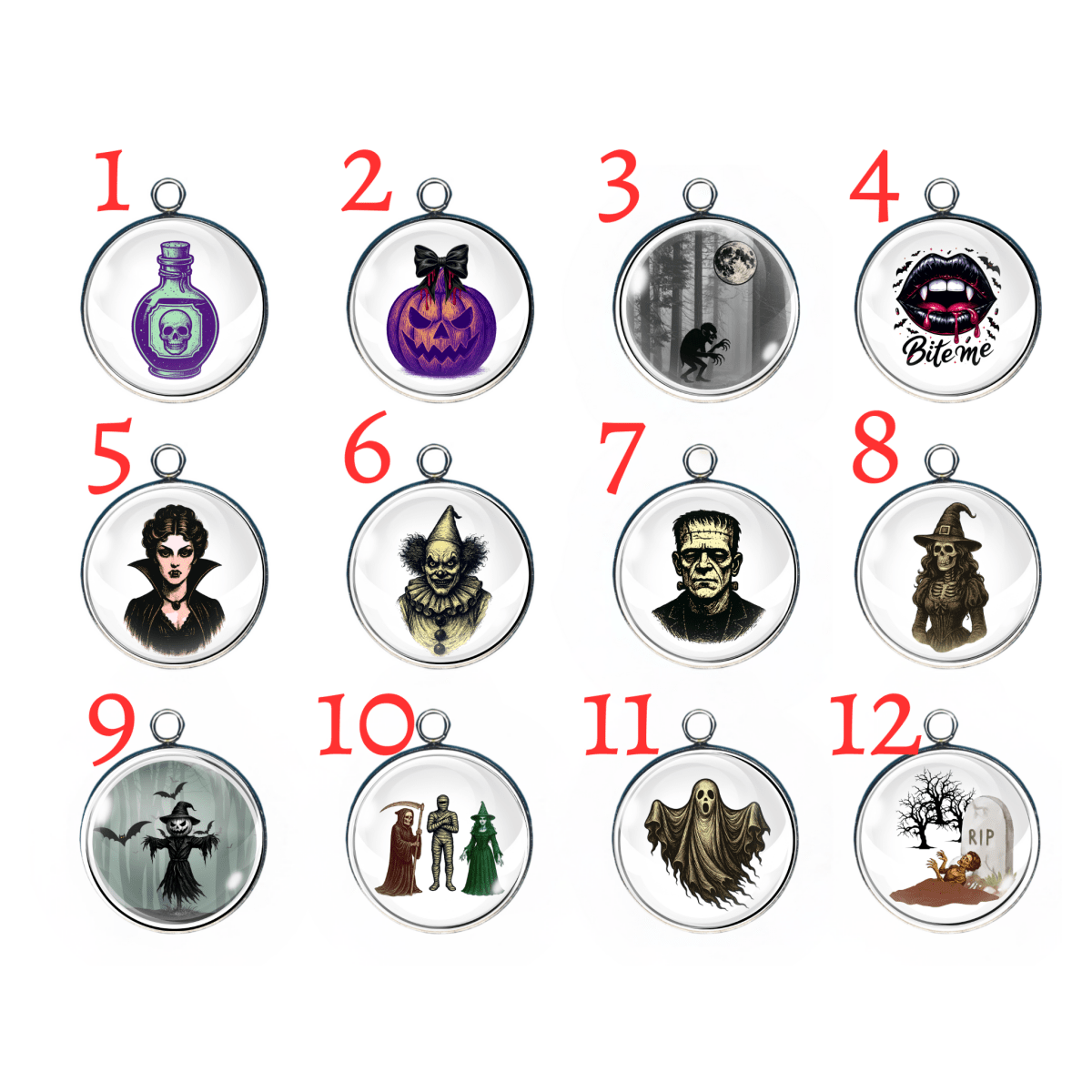 Set of 12 Halloween-themed charms featuring spooky and fun designs including potions, pumpkins, monsters, ghosts, and graveyards