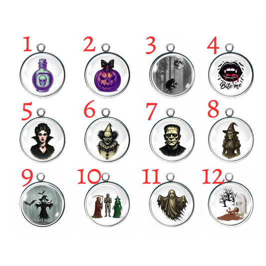 Set of 12 Halloween-themed charms featuring spooky and fun designs including potions, pumpkins, monsters, ghosts, and graveyards