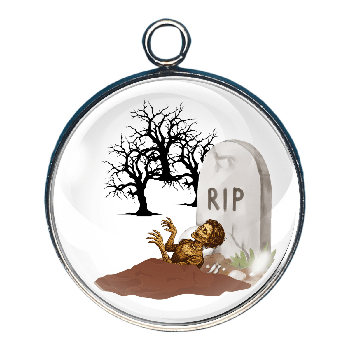Charm of a zombie emerging from the ground, a gravestone marked “RIP” with spooky trees in the background.