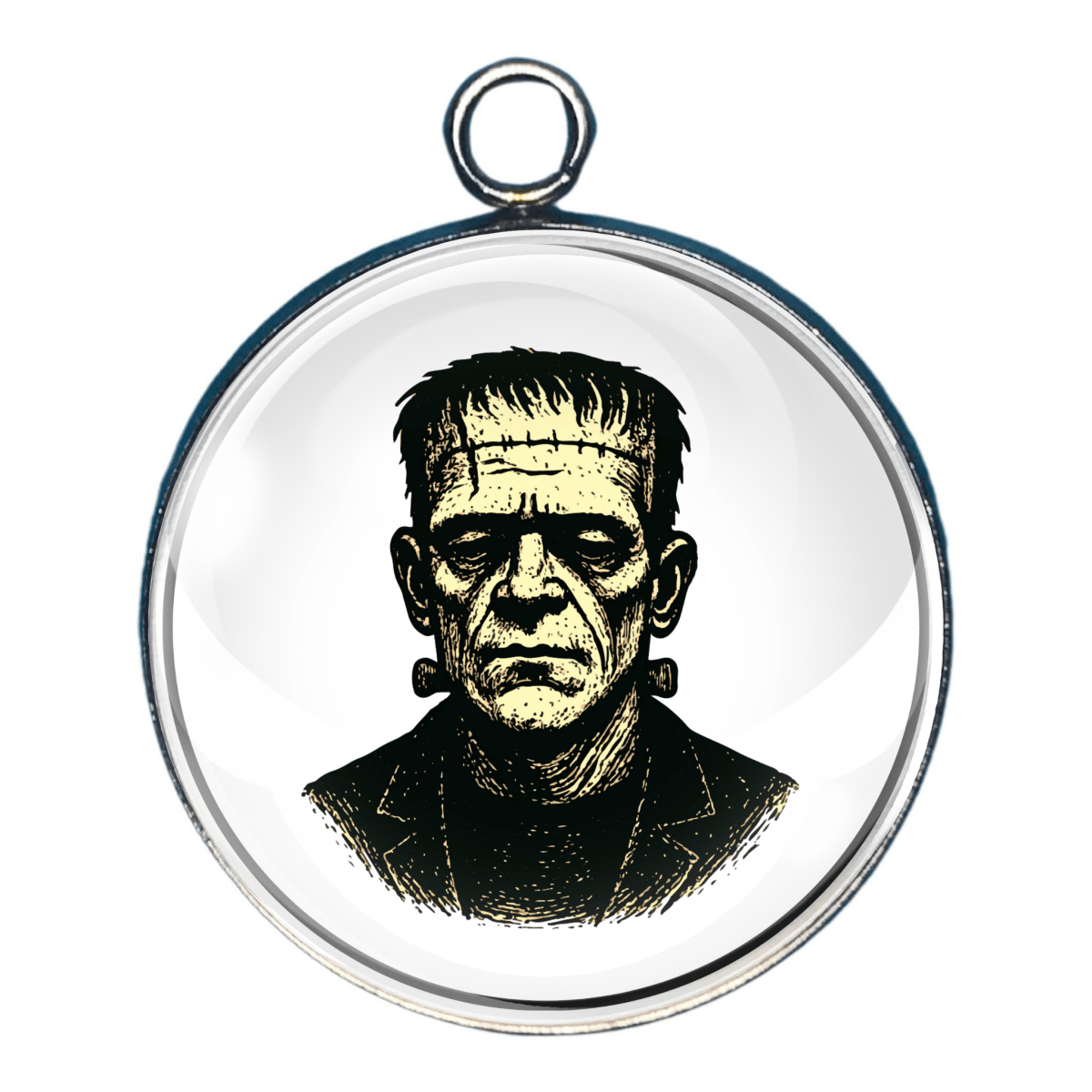 Frankenstein's Monster Charm – A portrait of Frankenstein’s monster with heavy brows and bolts in his neck.