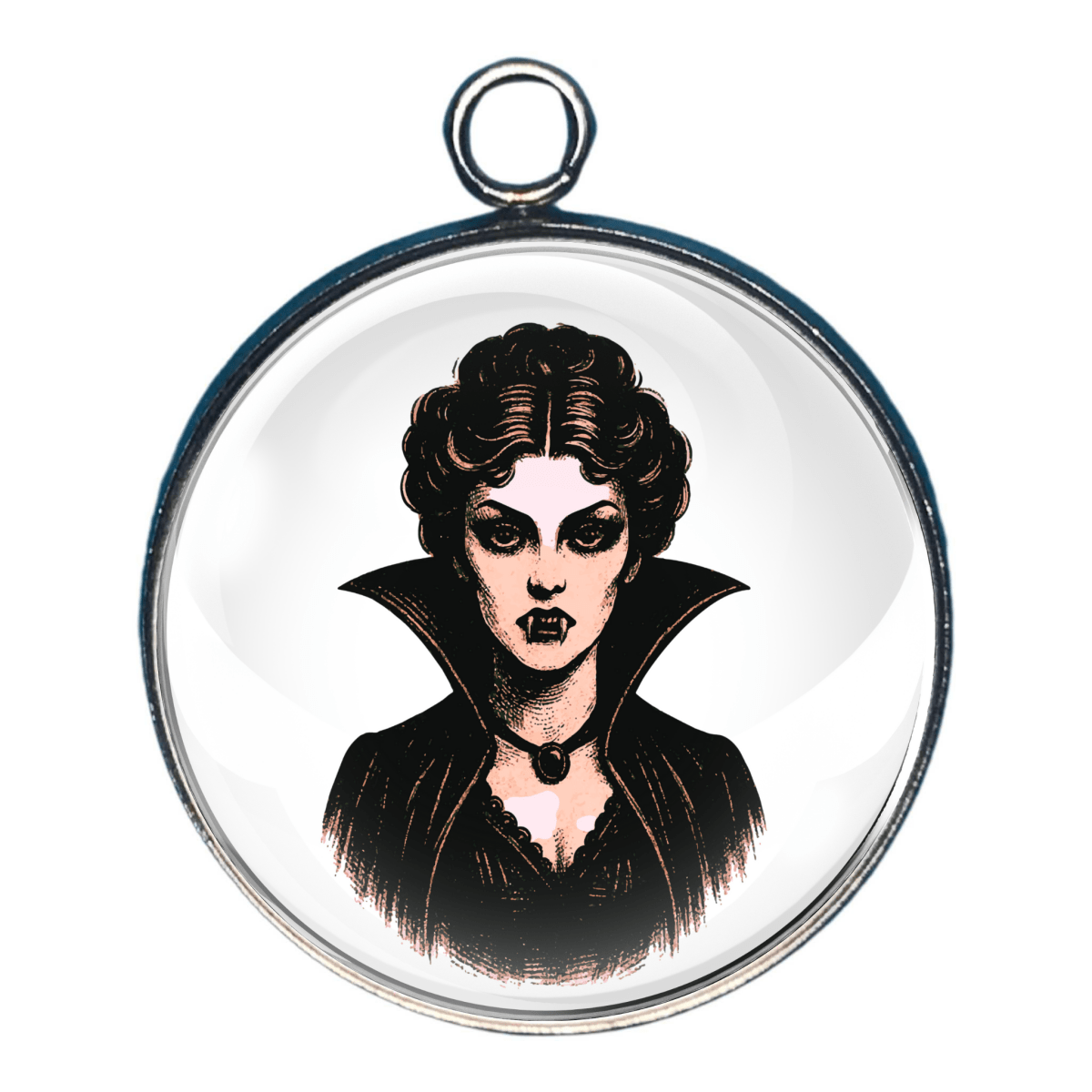 Gothic Vampire Woman Charm – A dark-haired, pale vampire woman with dramatic makeup and a gothic collar.