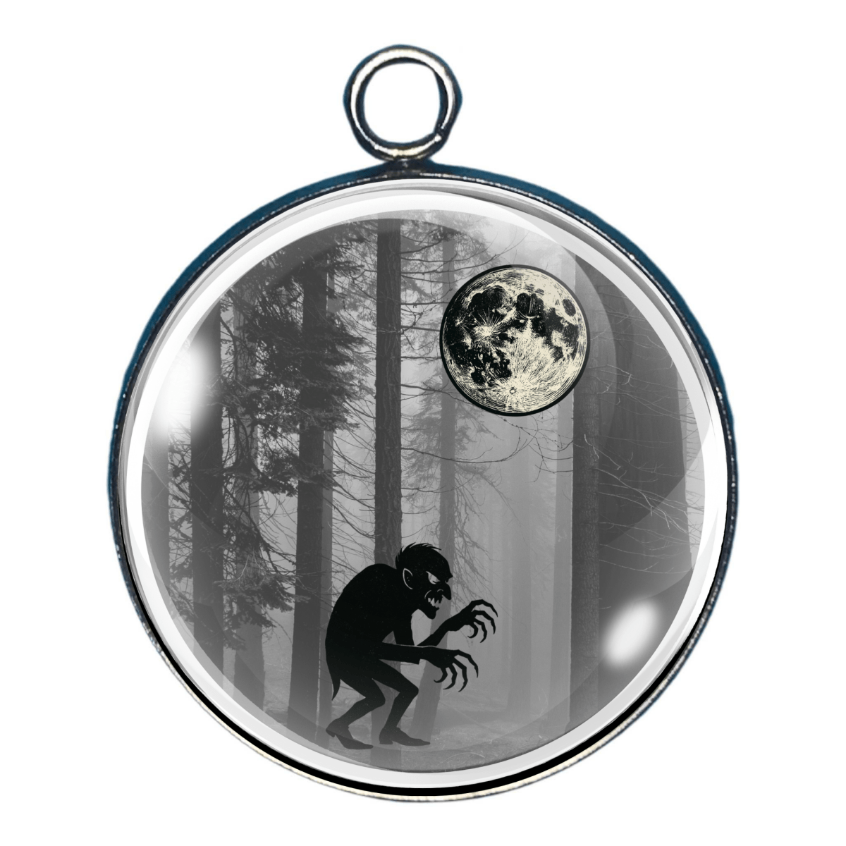 Forest Creature Charm – A silhouette of a creepy creature lurking in the forest under a full moon in black-and-white tones.