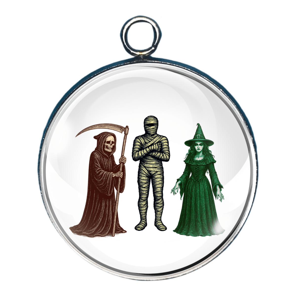 Vintage Monster Couple Charm – A cartoon-style mummy and Christmas-tree-costumed monster standing together.