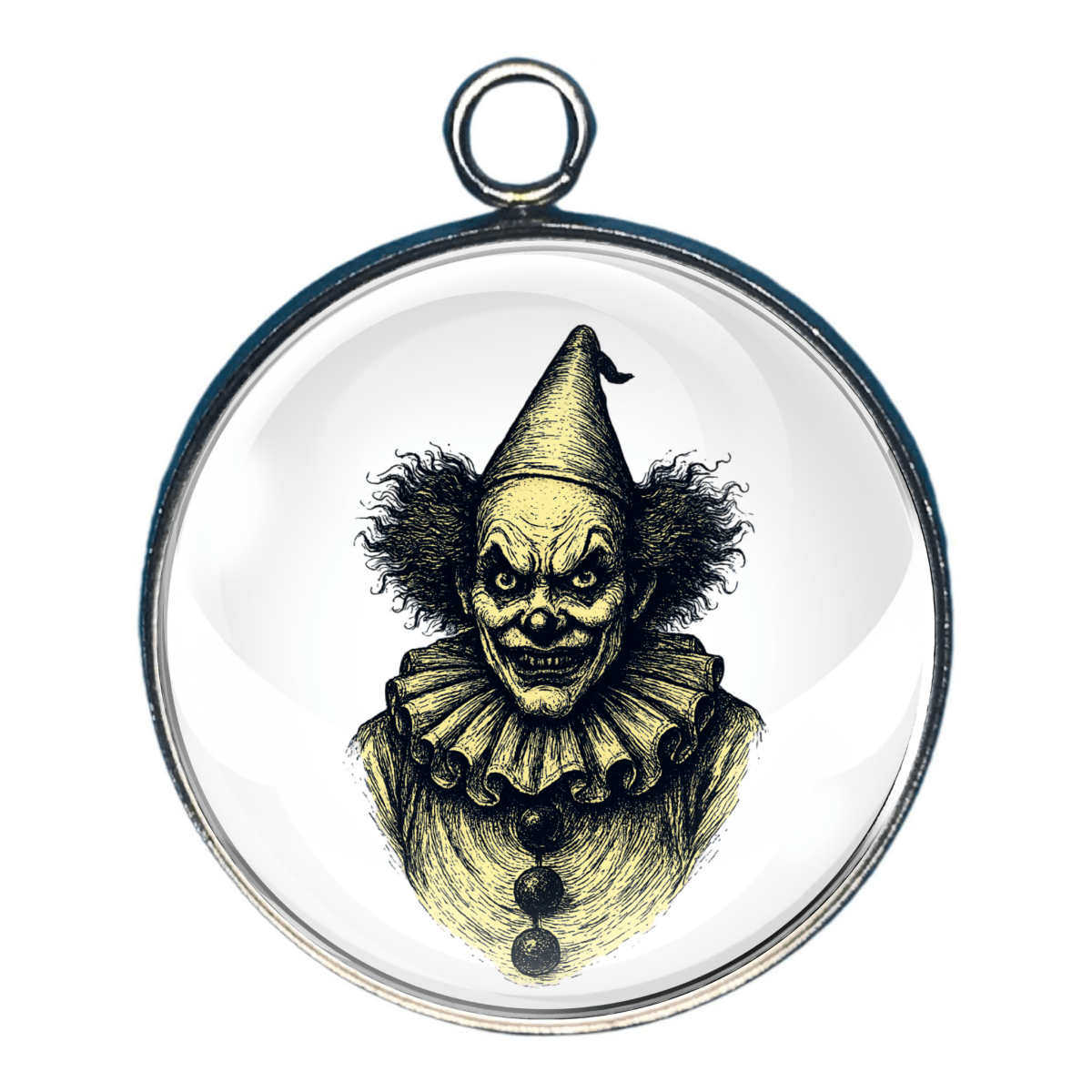 Creepy Clown Charm – A vintage-style sinister clown with a wide smile and dark fluffy hair, unsettling and classic.