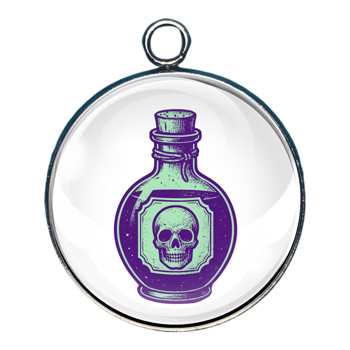 Purple Potion Charm – A glass bottle filled with purple liquid and a skull label, representing a spooky Halloween potion.