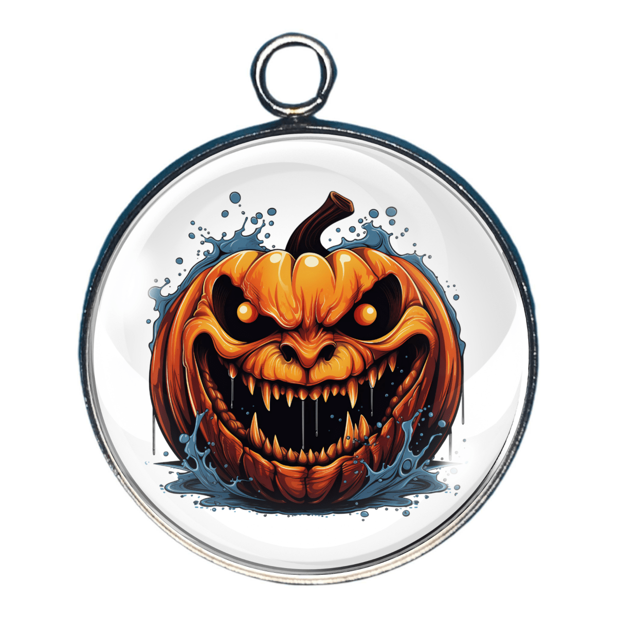 Charm of a Pumpkin with a menacing face design on a white background
