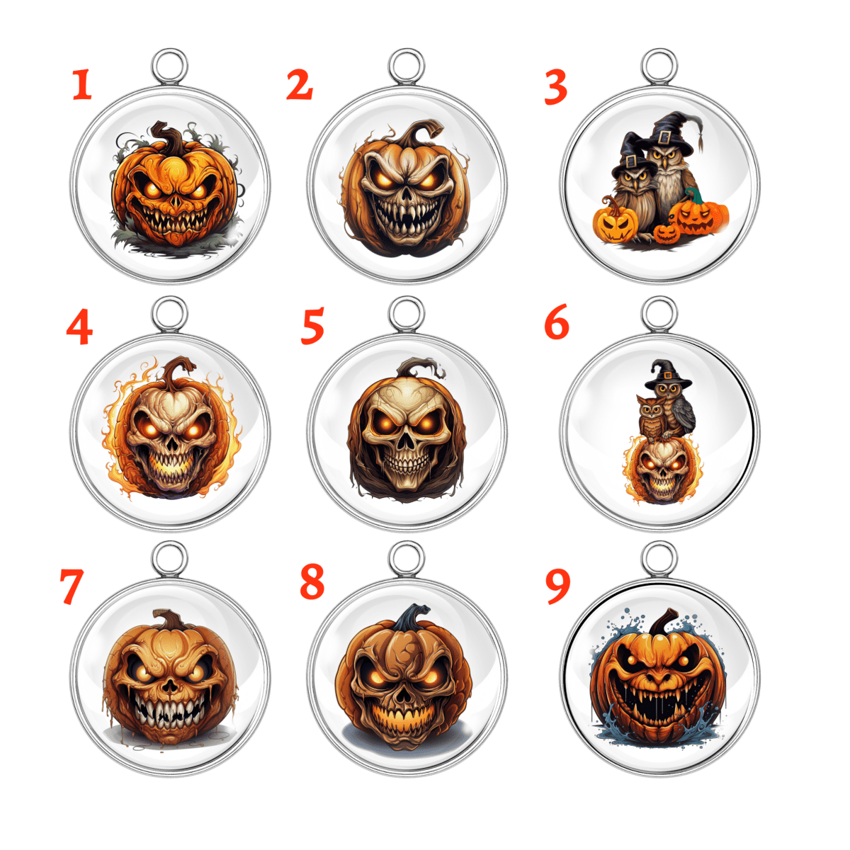 Set of 9 round Halloween pumpkin charms featuring spooky jack-o'-lantern faces and haunted designs