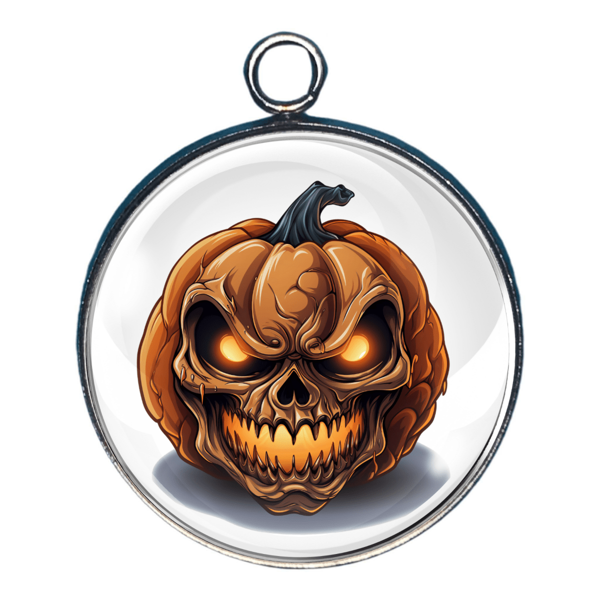 Charm of a Pumpkin with skull face design in a clear circular frame on a white background