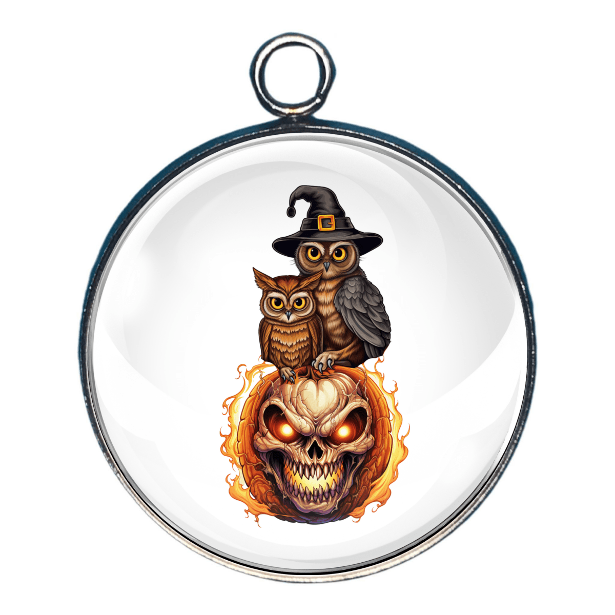Halloween charm with owl on flaming pumpkin