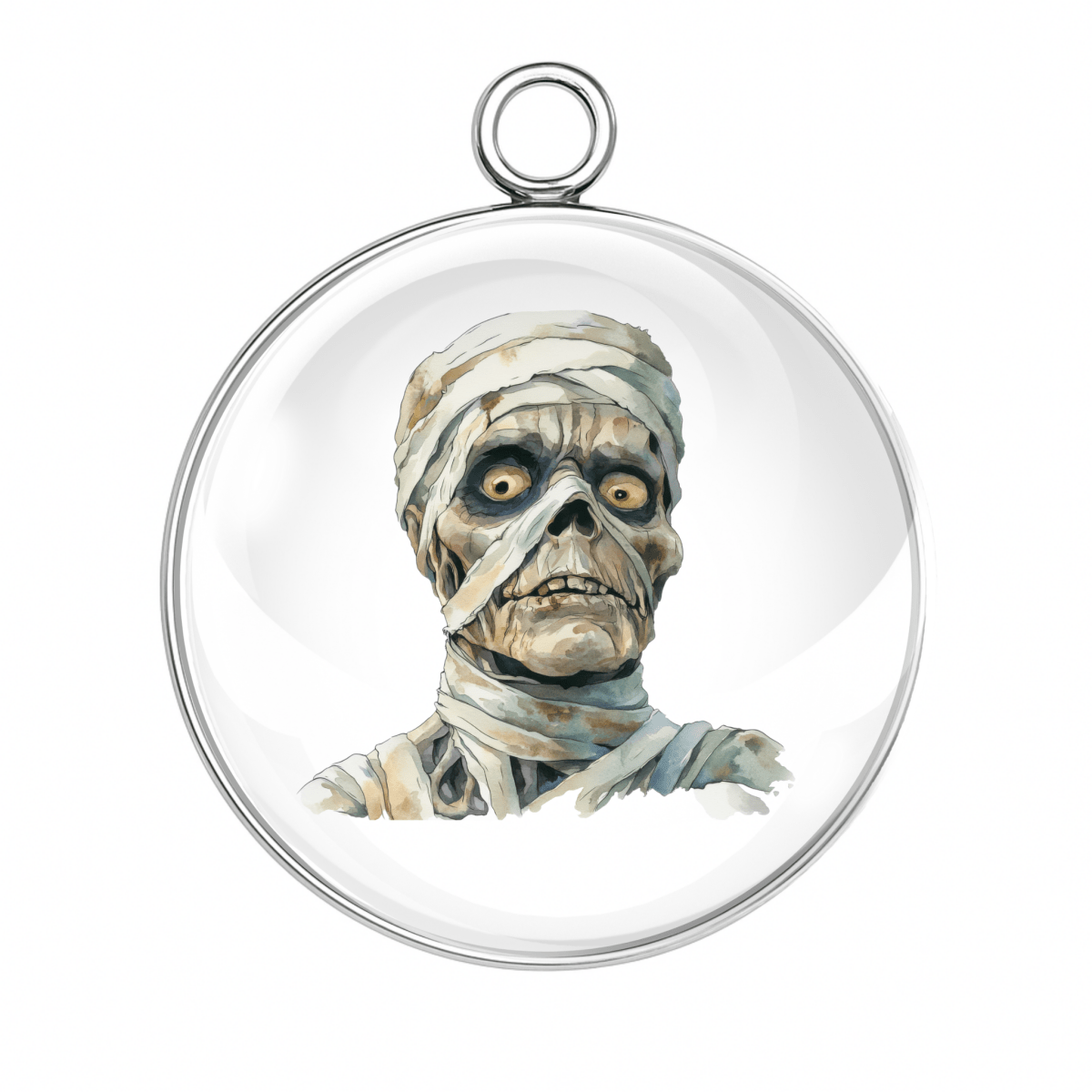 Realistic zombie mummy face charm with exposed bone and wrap