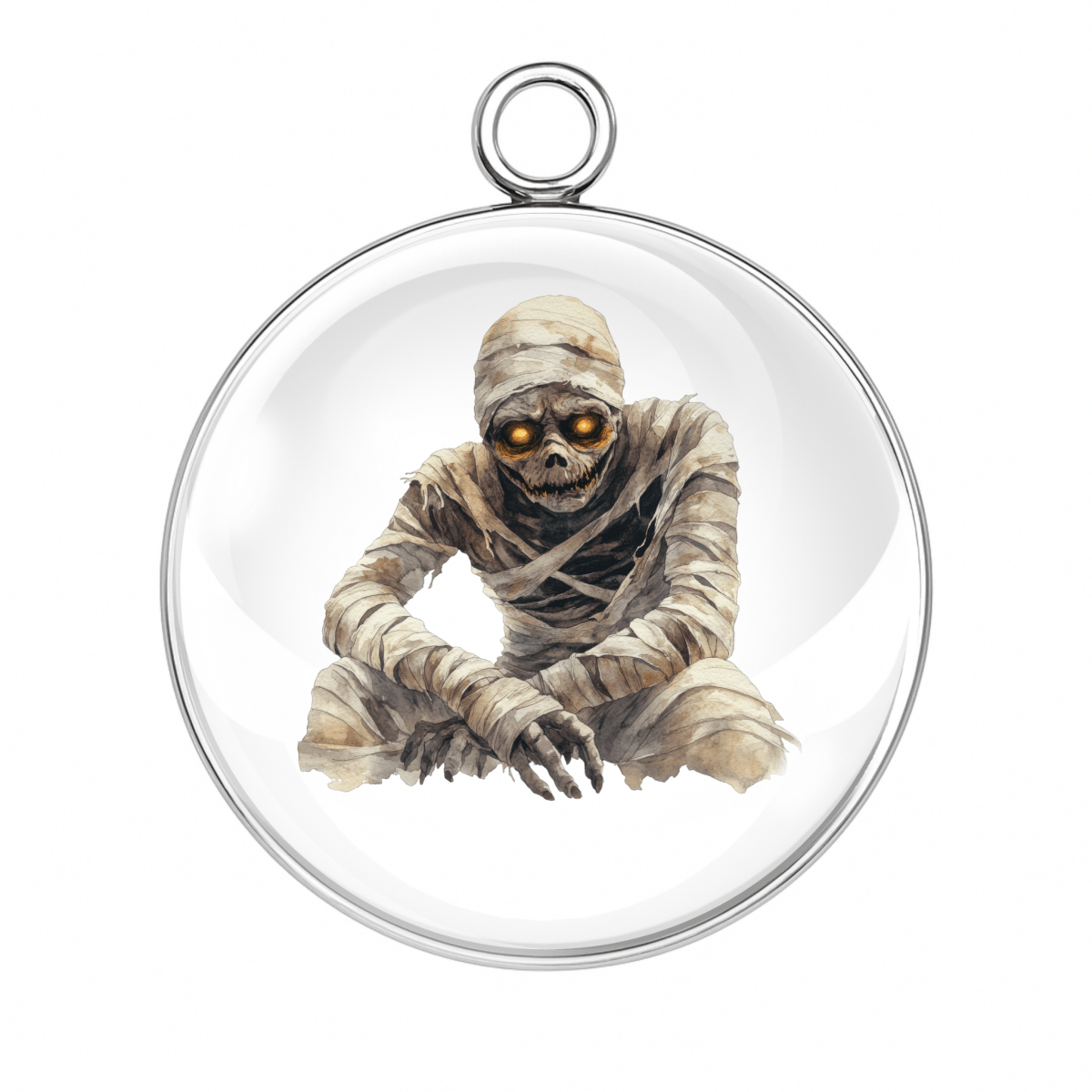 Mummy charm sitting in shadows with eerie glowing eyes