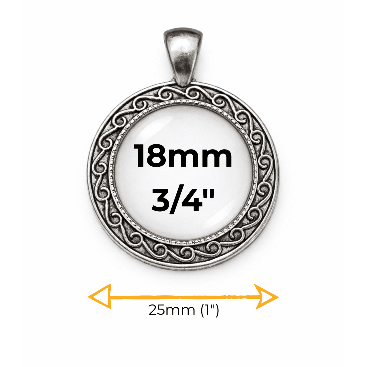 Silver pendant with measurement details on a white background