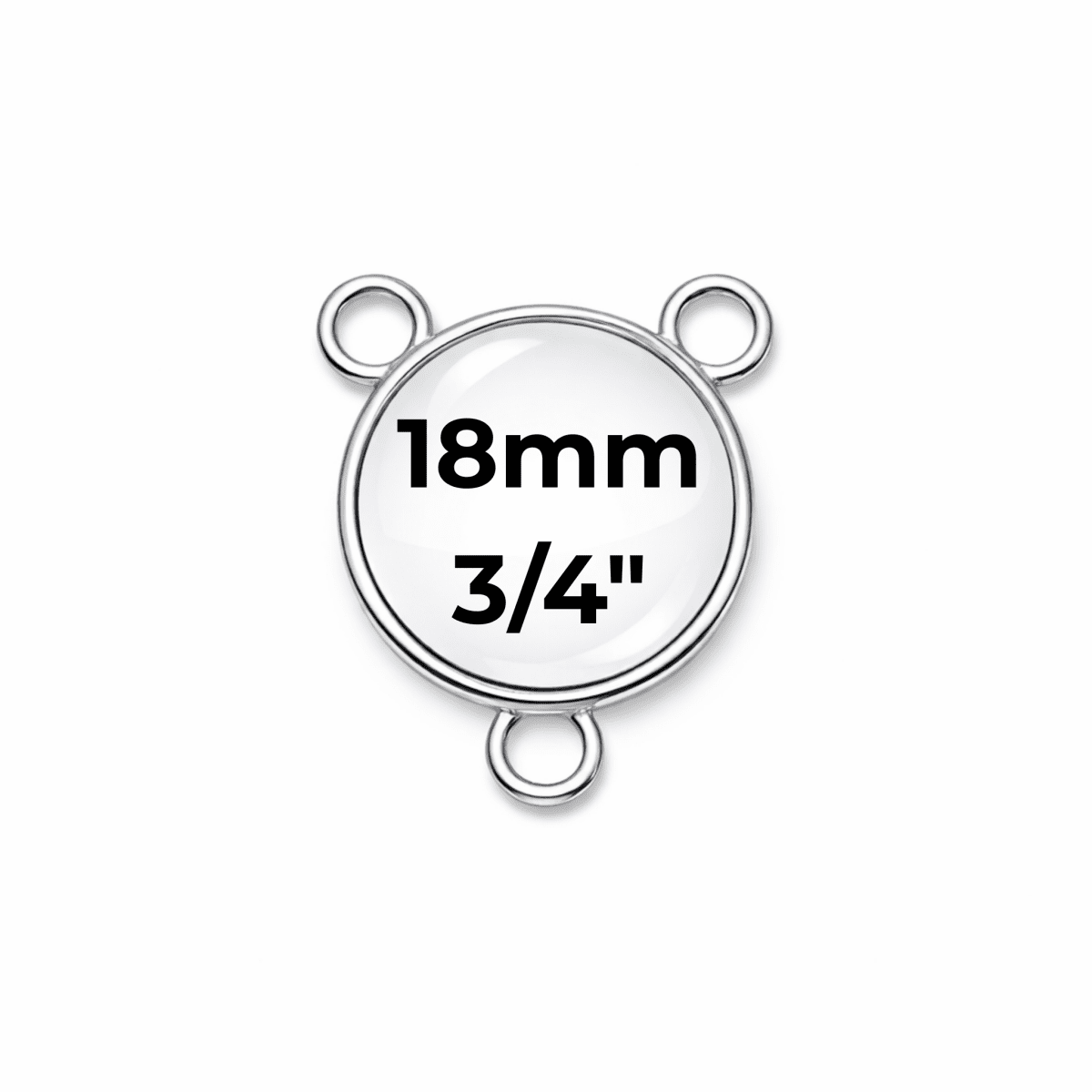 Silver metal connector with measurement label on a white background