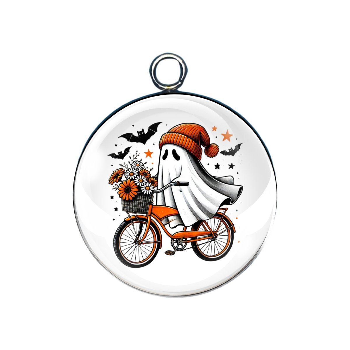 Autumn ghost riding a bike with flowers and bats