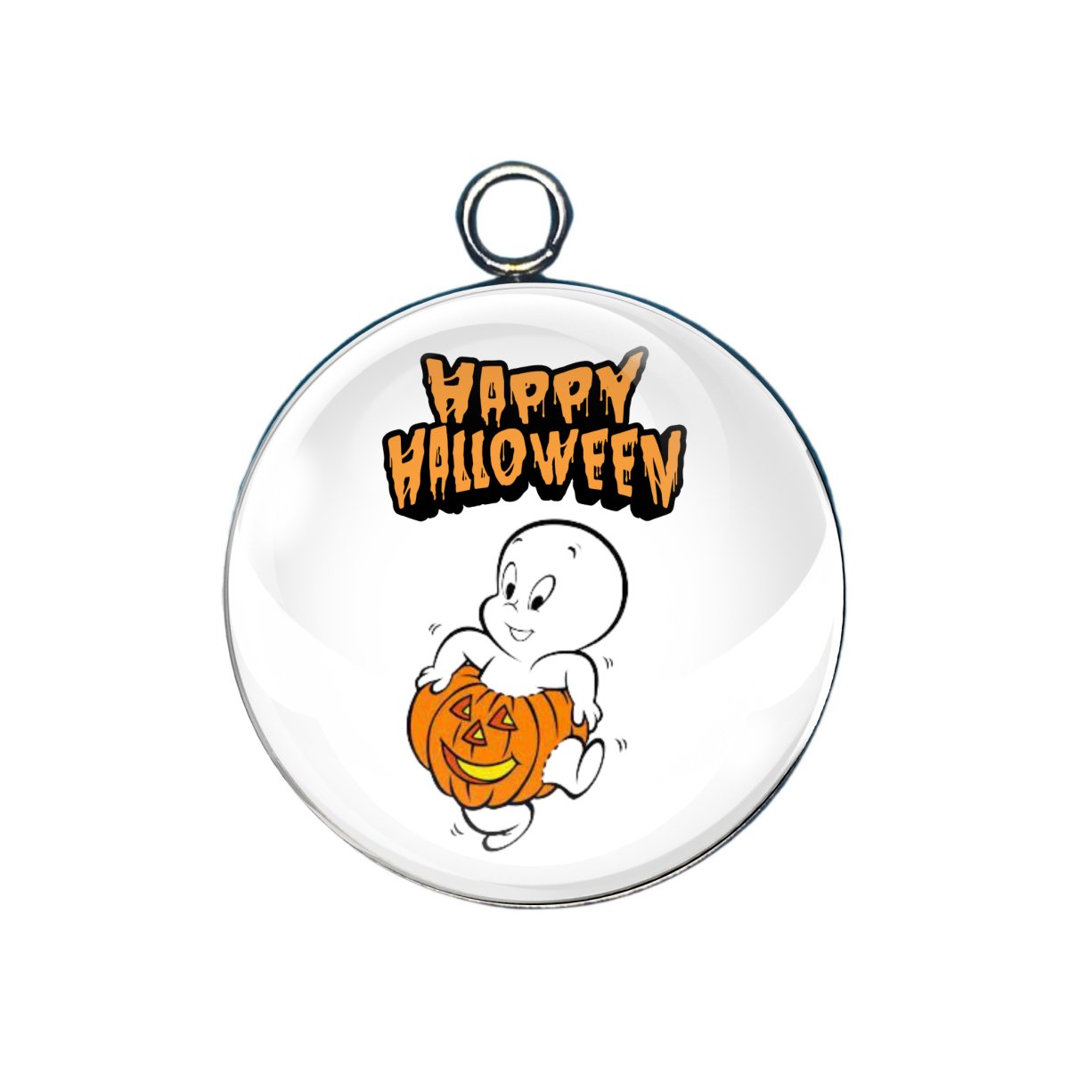 Ghost holding pumpkin – “Happy Halloween”