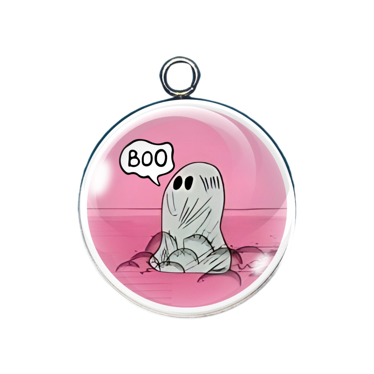 Pink ghost sitting on bed with “Boo” speech bubble