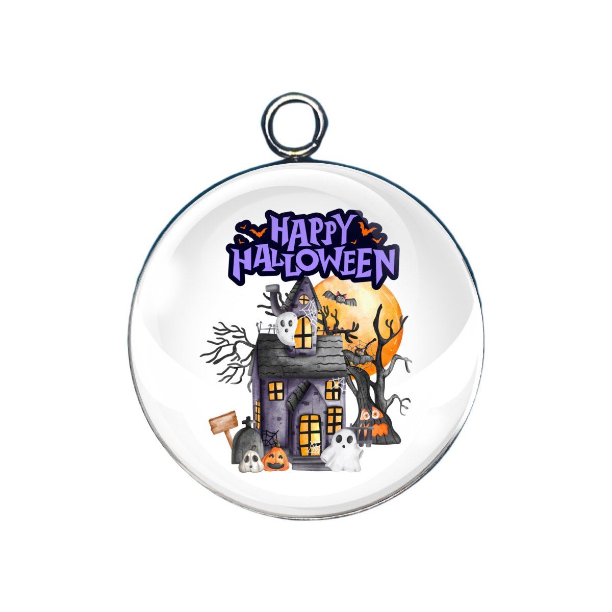 Haunted house with ghosts and “Happy Halloween” banner