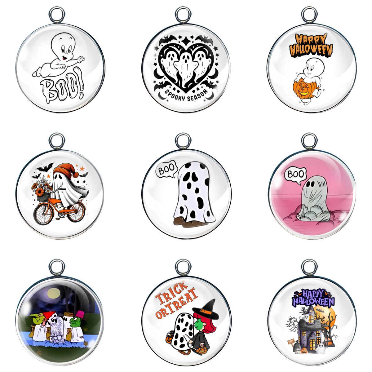A collection of various designed Halloween-themed charms, including ghosts, pumpkins, and other spooky elements.