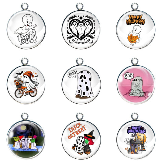 A collection of various designed Halloween-themed charms, including ghosts, pumpkins, and other spooky elements.
