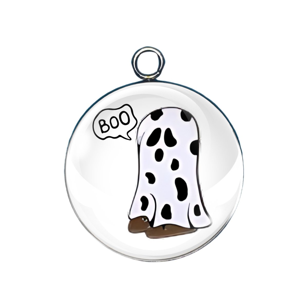 Cow-print ghost saying “Boo”