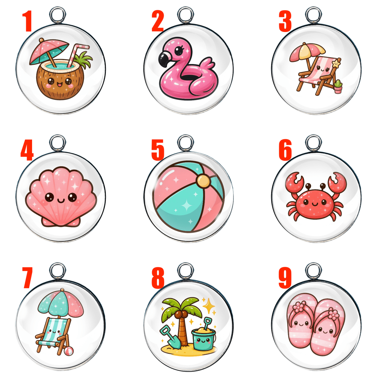 "Set of 9 kawaii beach-themed charms including coconut, flamingo, beach ball, and flip-flops by I Like Worms"