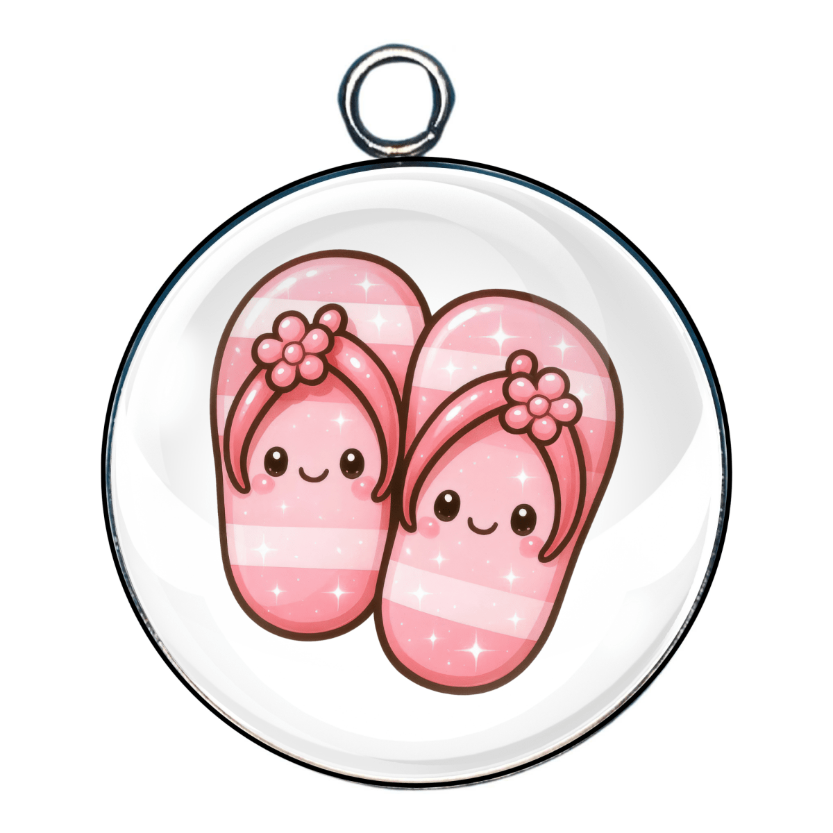 Striped pink flip-flop charm with smiling faces and flowers